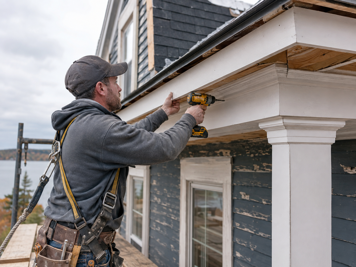 Carpenter repairing fascia on a coastal clapboard home